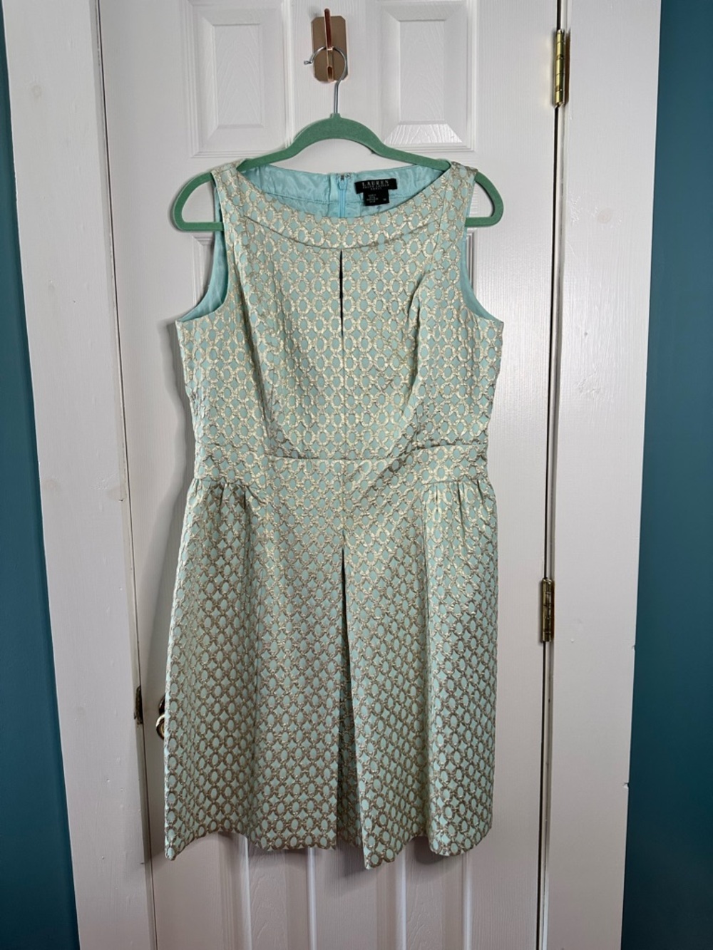 Lauren Ralph Lauren Aqua Blue & Gold Brocade Metallic Jacquard Dress Size 14 - Picture 10 of 10